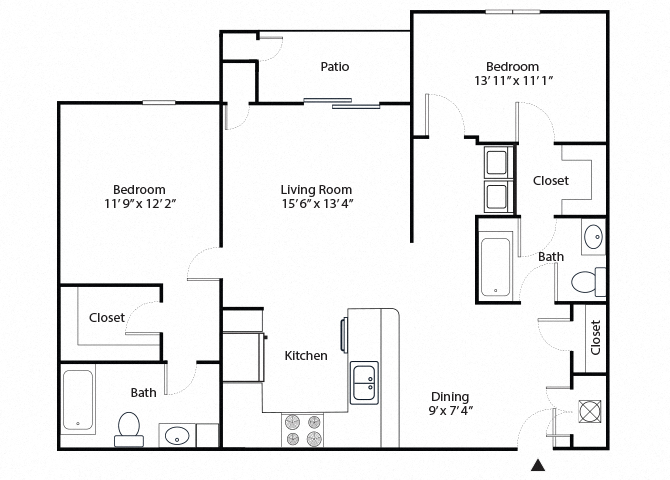 Floor plan for 2 beds, 2 baths, 1090 sqft